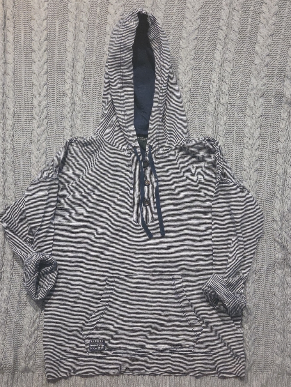 LRL Ralph Lauren Jean Co Hoodie Womens M Blue Stripe Preppy Soft 100% Cotton